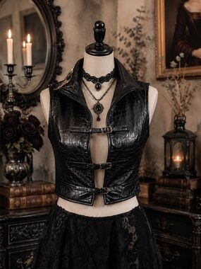 Vintage Pelle Croc Embossed Black Leather Vest Cropped Moto Gothic Y2K